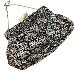 Antique Silver black flower Paris France purse metallic